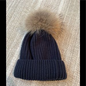 Navy wool Linda Richards hat with fur pom